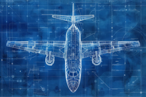 青い背景に飛行機の上から見た設計図を描いたイラスト。細部にわたる各部の寸法が記されている。