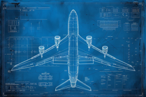 青い背景に対して白線で描かれた飛行機の下からの図を表す設計図のイラスト。主翼やエンジンの位置が明確に示されている。