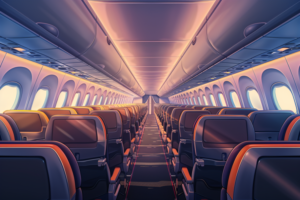 暖色系の照明のもと、飛行機の座席が整然と並んでいる様子を描いたイラスト。通路を通って先の方まで座席が続いている。