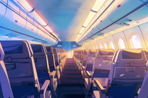 飛行機のキャビン内を後方から見たイラスト。窓から差し込む光が座席に柔らかい影を落としている。