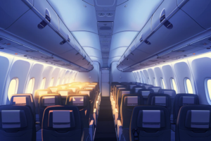 飛行機内部が薄暗い状態で、座席に優しい光が差し込んでいる夜間飛行を思わせるイラスト。