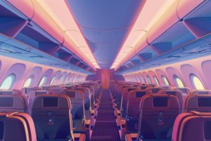 飛行機のキャビン内を明るいピンクと青のグラデーション照明が照らす、座席が続く通路のイラスト。