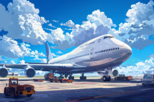 旅客機のイラストで、周囲に荷物を運ぶ車両が活動している様子が描かれている。