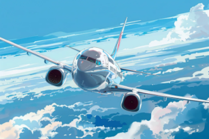 青空と雲を背景に、前方から見た近代的な旅客機が飛行している様子を描いたイラスト。