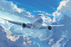 上方から見た旅客機が青い空と白い雲の間を飛んでいるイメージのイラスト。