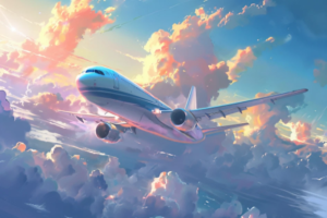 日没時の明るい雲と夕焼けが背景にある、旅客機が飛行する様子を捉えたイラスト。