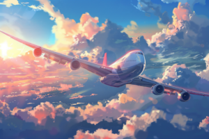 夕焼けの中、四つのエンジンを持つ旅客機が飛行している様子を描いた幻想的なイラスト。