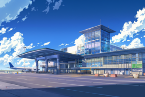 青空と白い雲が広がる晴れた日の空港の正面玄関。ガラスとスチールで構成されたモダンな建築スタイルで、覆われた歩道と二階建ての待合室が特徴。空港の標識や案内板が見え、ターマックには飛行機が1機停まっている。