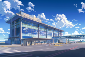 晴れた日の空港ターミナルビル。大きなガラス窓が特徴的で、ビルの前には歩行者用の横断歩道があり、背景には飛行機と空港の滑走路が見える。