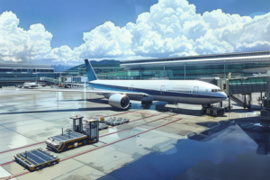 空港のゲート付近で、青い塗装の大型ジェット機がゲートに接続されている様子。背景には他の飛行機やターミナルビルが見え、晴れた空には白い雲が浮かんでいる。前景には荷物を運ぶための車両とカートが配置されており、滑走路には航空機用のマーキングが描かれている。
