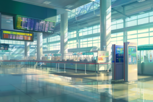 空港のチェックインカウンター付近の風景。床には光沢のあるタイルが敷かれ、柱と天井からは自然光が降り注いでいる。フライト情報が表示された大型のデジタル案内板があり、各カウンターには案内看板が設置されている。カウンターの一角には自動チェックイン機も見受けられる。