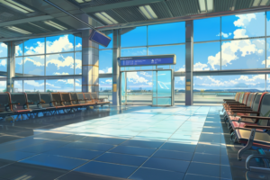 青空に浮かぶふわふわの雲が見える、空港の待合室の中。待合室は広々としており、天井が高い。大きな窓からは陽光が差し込み、光沢のある青いタイルがきらめいている。待合室には赤と茶色の座席が整然と並び、壁にはフライト情報を表示するデジタル案内板が取り付けられている。