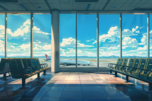 空港の待合室で、広い窓から滑走路と駐機している飛行機が見える。待合室には緑と茶色の座席があり、柔らかな光が床に反射している。外は晴れており、遠くの山々も見える青い空が広がっている。