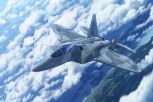 青い空とふわふわとした白い雲の間を飛行するグレーの戦闘機のイラスト。戦闘機は鋭いノーズと二枚の大きな翼を持ち、ボディには目立たないグレーや白でマーキングされています。パイロットはキャノピー内に見えます。