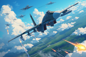 快晴の空の下、緑豊かな風景の上を飛行する複数の戦闘機のイラスト。最前線を飛ぶ青とグレーの戦闘機は、両翼にミサイルを搭載しており、遠方には他の戦闘機が同様に飛行している様子が見えます。