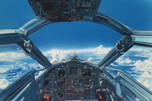 戦闘機のコクピットからの眺めを描いたイラストで、前方には青い空と白い雲が広がっています。コクピットは先進的なデザインで、多数のスクリーン、ゲージ、スイッチが配置されており、両側には強化された金属製のサポートアームが見えます。