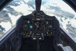 戦闘機のコクピット内部を表現したイラスト。コクピットは多くのアナログとデジタル計器で満たされており、中央には大きなレーダースクリーンがあります。窓の外には地上の景色と雲が流れている様子が見えます。