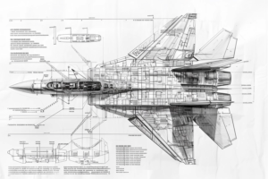 詳細な戦闘機の設計図を描いたイラストです。上から見た図があり、様々な角度からの詳細な部品と寸法が記されています。透視図では内部構造も見え、エンジン、武装、コクピットなどが確認できます。