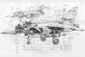 戦闘機の開発段階を示す複数の設計図を含むイラストです。戦闘機は格納庫内でメンテナンスされている状態で、脚が下りており、様々な角度からの図があり、内部のメカニズムが詳細に描かれています。図には注釈も含まれており、各部位の機能が記載されています。