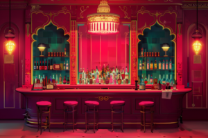 ヴィンテージな雰囲気のある豪華なゴシックスタイルのバー。赤と金色の装飾が施された壁と、ピンク色の照明が輝くバーカウンター。天井からは豪華なシャンデリアが吊り下げられ、バーシェルフには様々なボトルが整然と並んでいる。