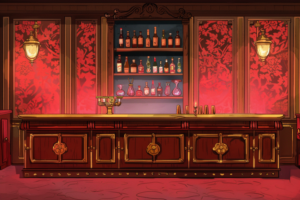 暖かみのある赤と茶色を基調としたゴシックスタイルのバー。壁には赤と茶色の花柄の壁紙があり、重厚感のある木製のバーカウンターと古風な壁掛けのランプが特徴的。バーシェルフにはさまざまな種類のボトルが飾られている。
