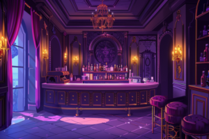 紫と金色のアクセントが特徴の豪華なホテルバー。暗めの照明の下で、装飾的な壁の鏡がバーエリアを強調しており、バーカウンターには高級なボトルが並んでいる。床はチェッカーボードパターンでデザインされている。