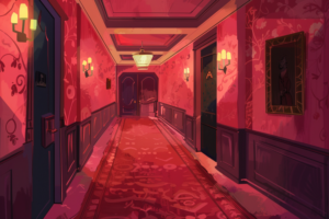 長く深みのある赤色のゴシック風の廊下。壁には複雑な模様が描かれており、床には華やかなカーペットが敷かれている。廊下の端には円形の照明があり、壁には絵画や装飾がある。