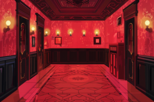 赤と黒で装飾されたゴシック風の廊下。天井は装飾的な模様があり、壁には様々な絵画と照明が配置されている。床には大きな赤色のカーペットが敷かれ、各ドアにはゴシック様式の装飾が施されている。