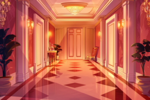 豪華なゴシックホテルの廊下。クリーム色の壁には赤いアクセントのカーテンがあり、天井には華やかなシャンデリアがある。床はチェッカーボードパターンのタイルで、廊下には大きな植木鉢が置かれている。