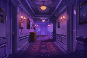 紫色の照明が優美な雰囲気を醸し出すゴシックスタイルのホテル廊下。壁には絵画が飾られており、床には華やかな赤と紫のカーペットが敷かれている。廊下の奥には扉と一つの吊り下げ式の灯りが見える。