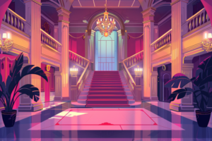 高い天井と大きな窓が特徴的なゴシックホテルのロビー。床は光沢のあるチェック柄のタイルで、階段の上には大きなシャンデリアが吊り下げられている。ロビーはピンクと紫の照明で幻想的な雰囲気を醸し出している。