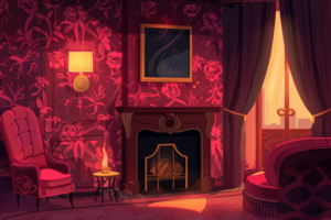 ゴシック様式の暖炉がある部屋の一角。深い赤と紫の色合いで、壁には花模様の壁紙があり、重厚な暖炉の前には赤いアームチェアが置かれている。窓からは優しい光が差し込んでいる。
