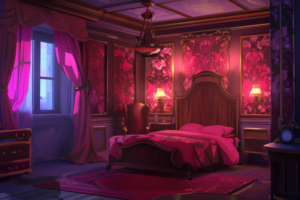 ゴシック様式のベッドルーム。壁と天井には木の装飾が施されており、大きなベッドには赤い寝具が整えられている。窓からは外の光が差し込み、部屋全体に温かみを与えている。