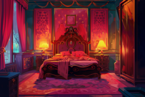 赤とゴールドで装飾されたゴシック様式のベッドルーム。大きなベッドの上には豪華な寝具があり、部屋の隅には大きな鏡が掛けられている。窓からは外の光が差し込み、部屋に暖かい雰囲気をもたらしている。