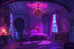 鮮やかな紫と青の光が満ちたゴシック様式の寝室。部屋はアーチ型の天井で、中央には大きなベッドがあり、その上には装飾的なヘッドボードがある。壁にはアート作品が飾られ、窓からは謎めいた光が差し込む。