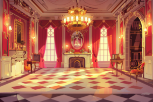 ゴシックスタイルの華麗なバンケットホール。白と赤のチェック柄の床が特徴で、壁には金と赤の装飾が施された大きな鏡がある。豪華なシャンデリアが天井から下がり、赤いカーテンが窓を飾っている。