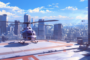 都会のビル群の屋上に着陸する小型ヘリコプターのイラストで、青い空と遠くの都市のスカイラインが背景です。