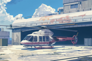 ヘリコプターが雲間の晴れた空の下、建物の屋上に静かに停まっている様子を描いたイラスト。