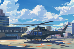 都市の屋上に停まっているヘリコプターのイラストで、背景には晴れた空と雲があります。