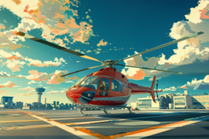 夕焼けを背に屋上ヘリパッドに停まる赤いヘリコプターのイラスト。遠くには都市のシルエットと制御塔が見えます。