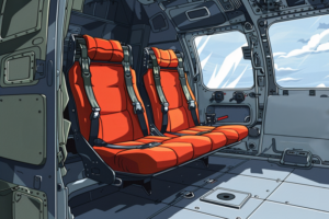 ヘリコプターの内部を示すイラストで、鮮やかなオレンジ色の座席が２つ並んでいます。座席は頑丈な黒いベルトで固定されており、周りは金属製の壁と床で構成されています。座席の背後には、窓から青い空と白い雲が見えています。