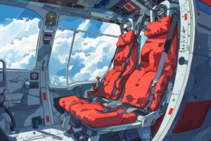 ヘリコプターの後部座席を描いたイラストで、厚みのあるクッションが特徴の座席が見えます。座席には肩から斜めにかけて固定する安全ベルトがあり、窓の外には広がる青空が描かれています。