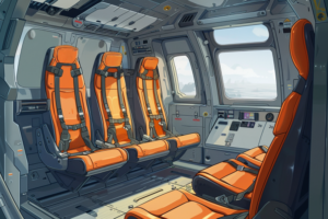 ヘリコプターのキャビン部分を表現したイラストで、３つのオレンジ色の座席が列になって配置されています。座席はオレンジと黒のベルトで固定されており、正面にはヘリコプターの制御パネルが見えます。窓の外には遠くの景色と晴れ渡る空が広がっています。