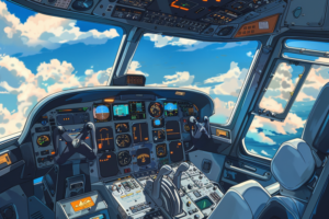 ヘリコプターのコックピットの内部を示すイラストで、中央には航空機の操縦に使用される多数の計器とスイッチが配置されています。前面にはナビゲーション画面があり、窓の外には晴れた空と雲が広がっています。