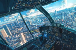 ヘリコプターのコックピットから見た景色を捉えたイラストで、多くの計器とコントロールパネルが前面に配置されており、窓の外には高層ビルが密集する都市のパノラマが広がっています。