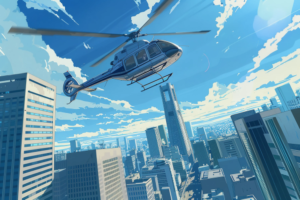 都市の上空を飛行中のヘリコプターを捉えたイラストで、青い空と白い雲が背景にあります。ビル群に囲まれたヘリコプターは、詳細に描かれたローターと機体を持ち、活発な都会の一日が始まることを思わせます。