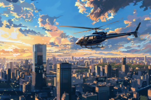 夕暮れ時の都市の上を飛ぶヘリコプターのイラストで、オレンジと青のグラデーションが空に広がり、ビルのシルエットが地平線に映っています。ヘリコプターは穏やかに飛行しており、落ち着いた一日の終わりを表しています。