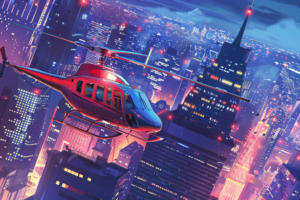 夜景の中を飛ぶヘリコプターを描いたイラストで、ビルの明かりがきらめく都市の上空に位置しています。ネオンカラーが特徴的で、都市のエネルギッシュな夜の雰囲気を表現しています。
