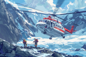 山岳地帯で救助活動を行うヘリコプターのイラストで、救助隊員がロープを使って活動している様子が描かれています。