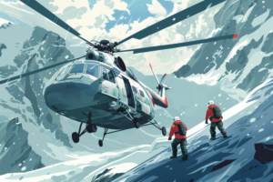 険しい雪山での救助を表現したイラストで、ヘリコプターから降下する救助隊員が確認できます。